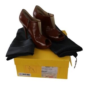 Fendi Cognac Leather Spuntata Spazzolato Peep Toe Heeled Booties Brown Size 37
